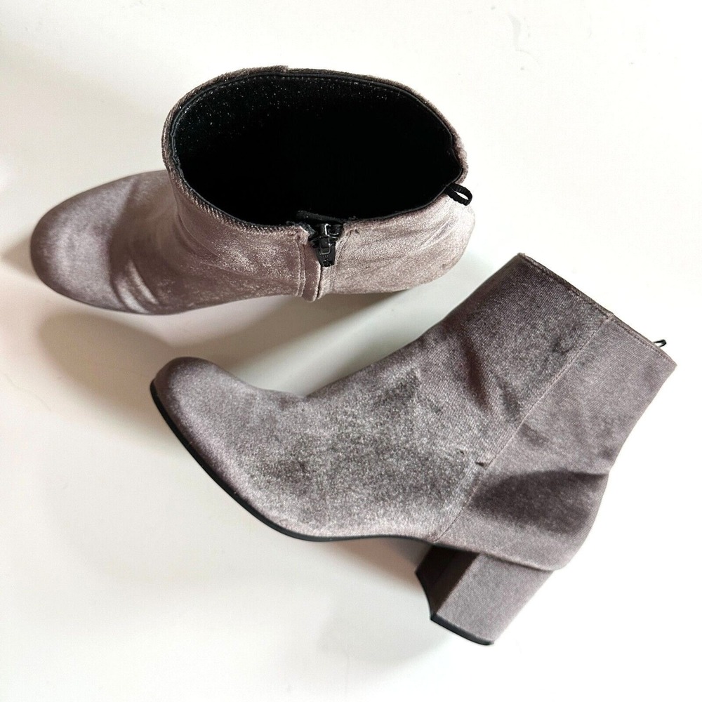H&M Ankle Boots Women 10 Grey Velvet Block Heel Side Zip Round Toe Boho Booties